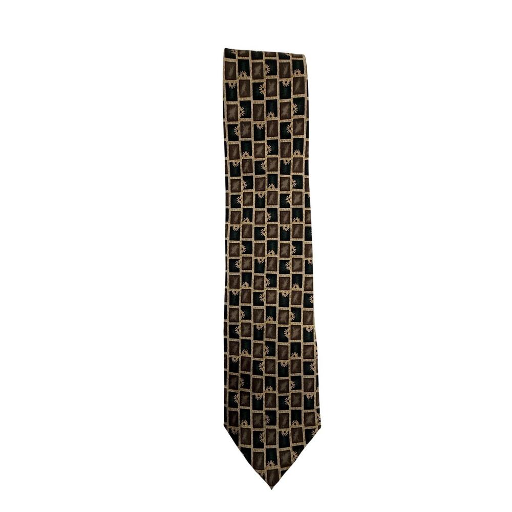 SKU3089 Di Maggio Handmade Silk Tie - Hunter Green & Gold Brown Squares 66"